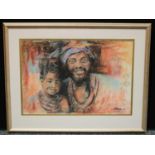Estelle Hartley, Zulu Father and Son Family Group, signed, pastel and mixed media, 46cm x 68cm