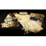 Costume Jewellery - various necklaces, brooches, bracelets, earrings etc; a 1930's christening