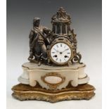 A late 19th century alabaster and spelter figural mantel clock, eight day, white enamel dial,