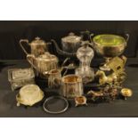Metalware - a Victorian silver collared glass decanter; a copper bed warmer; EPNS part tea