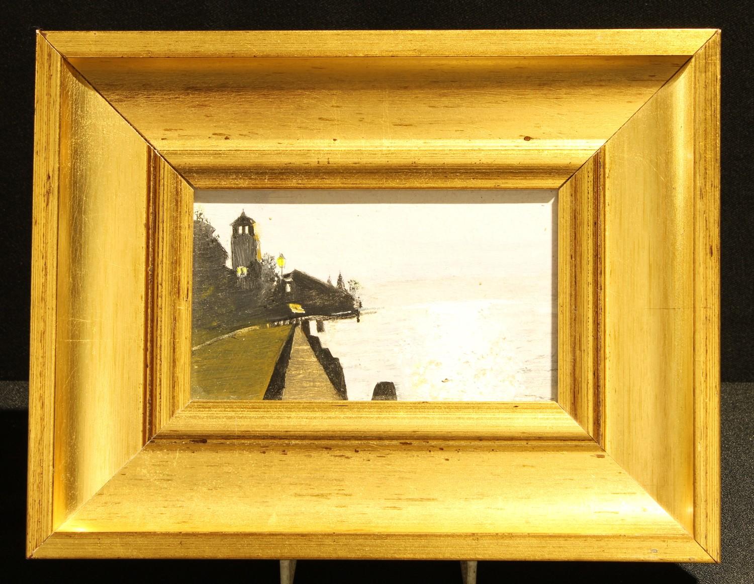 English School (20th Century) Bell-Tower by the Coast unsigned, oil on board, 7.5cm x 13cm, framed