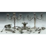 Plated Ware - a pair of EPNS three light candleabra; EPNS ladles and serving spoons; a Britannia