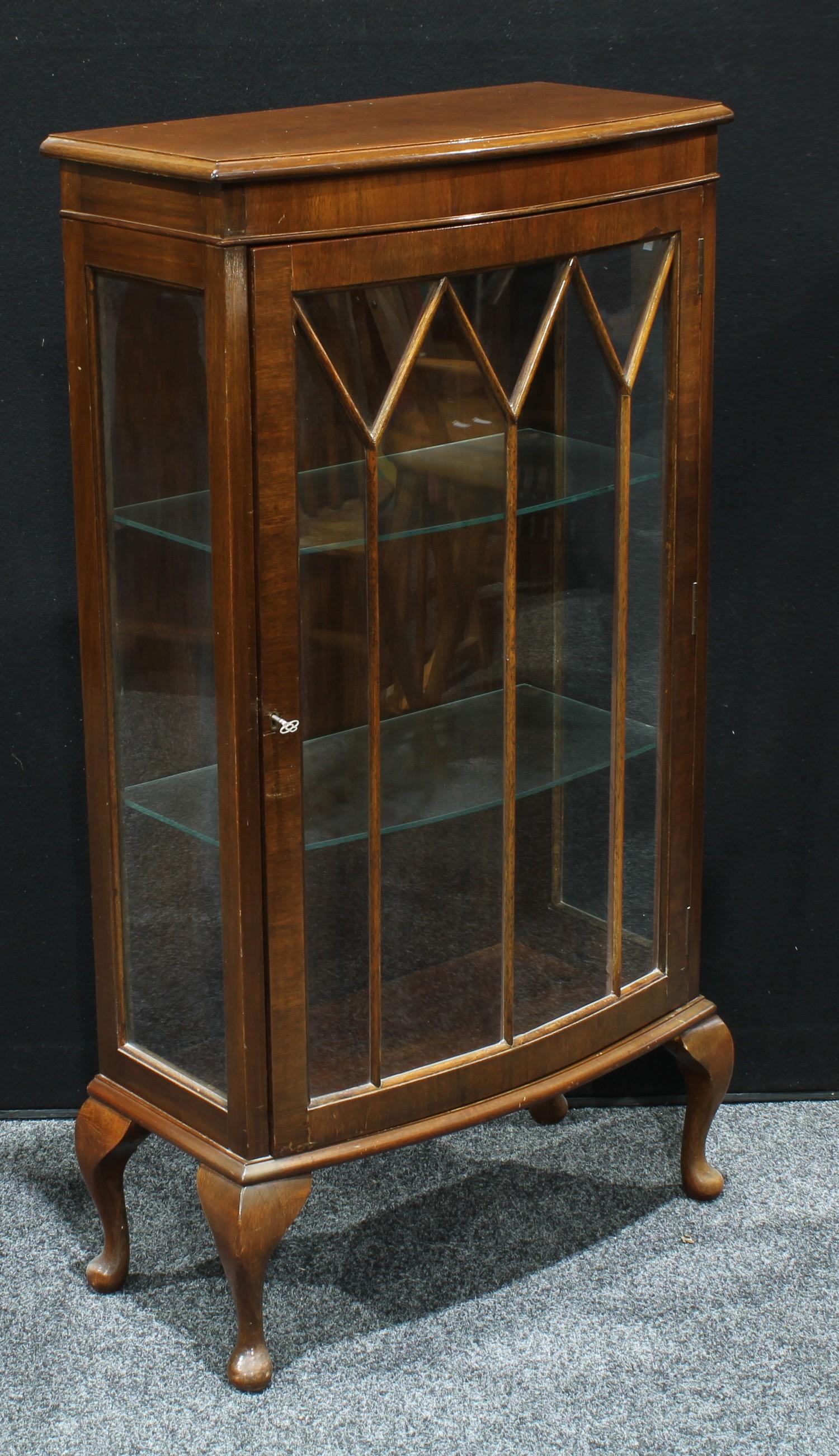 A Hunters of Derby mahogany bow front display cabinet, glazed door enclosing glass shelves, cabriole - Image 2 of 2