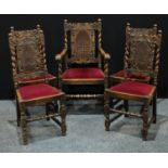 A set of five Jacobean Revival design oak dining chairs, comprising four side chairs and a carver,