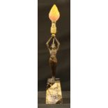An Art Deco bronzed metal table lamp as a female nude on marble plinth base, 52cm high over fitting