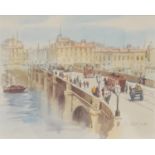 K**Curson (20th century) Horse Trams crossing a Bridge signed, watercolour, 20cm x 25cm