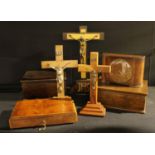 Boxes and Objects- a 1930's mantle clock, oak box, crucifixes, etc