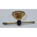 A 9ct gold signet ring, 4.6g, unmarked, altered, cut through, a 9ct gold bar brooch, set with a