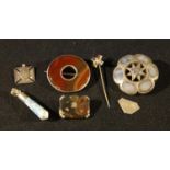 A Scottish silver mounted agate brooch, 5cm diam; others; a Scottish hardstone stick pin; a pendant;