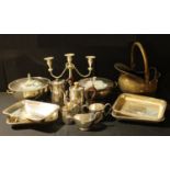 Plated Ware - an EPNS three branch candelabra; coffee pots; four entree dishes; other vegetable