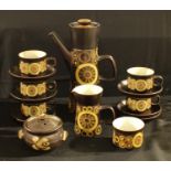 A Denby Arabesque pattern coffee pot, 31cm, six teacups and saucers, cream jug, a similar soup