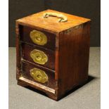 A Chinese hardwood table top cabinet, shaped brass handle above three drawers, bracket feet, 18cm