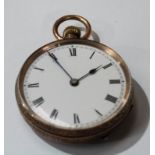 A 9ct rose gold lady's open face pocket watch, white enamel dial, Roman numerals, 5cm over
