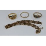 A 9ct gold gate link bracelet, 4.7g; a 9ct gold ring set with diamond chips and other stones, 2.24g;