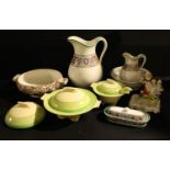 A Minton Florentine pattern wash jug and bowl, soap dish, larger water jug, registration lozenge for