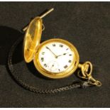 A gold plated hunter pocketwatch on leather Albert