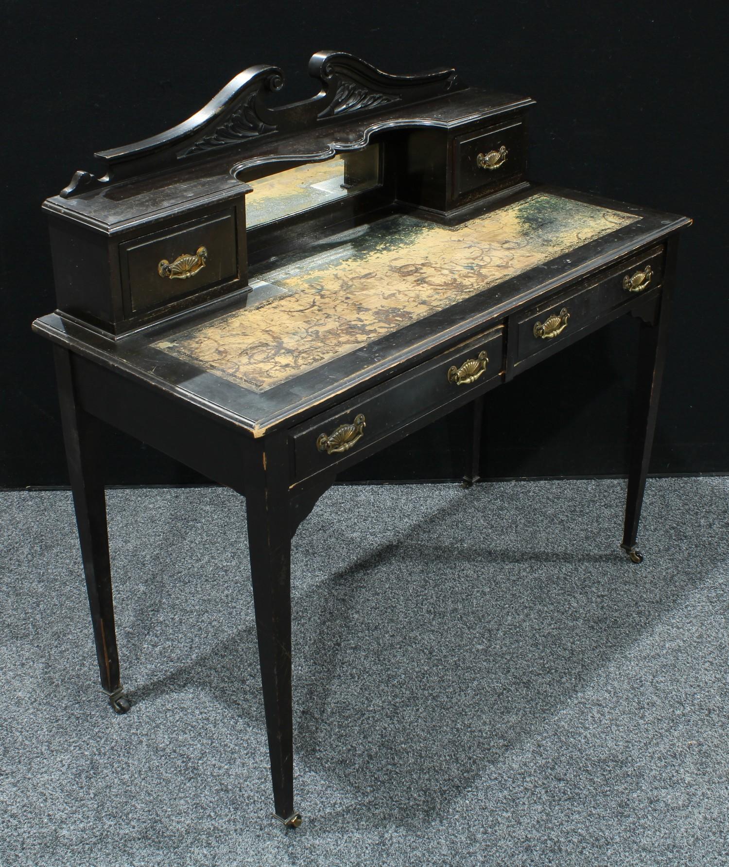An Edwardian ebonised writing desk, swan neck gallery above a central rectangular bevelled mirror - Image 2 of 2