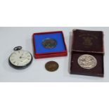 A silver open face pocket watch, white enamel dial, Roman numerals, subsidiary seconds dial, the