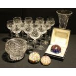 Glassware - a set of twelve cut glass hock glasses; a Caithness May dance, paperweight, certificate,