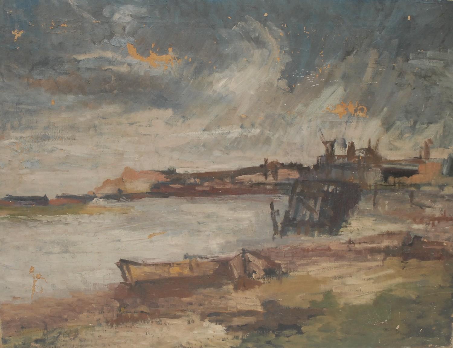 Scottish School (early 20th century) The Harbour oil on canvas, 65cm x 85cm, unframed