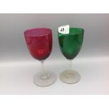 Set of 10 cranberry glass wine glasses plus 3 green