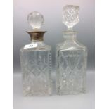 2 cut glass whiskey decanters, one with silver collar