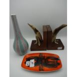 2 pieces of poole pottery plus 2 horn bird bookends