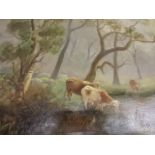 19th / early 20th century oil on canvas of cattle by wood and pond / river (35 x 19) inches