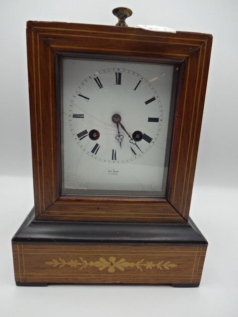 French wood carriage clock with enamel face, signed Hey Marc Paris