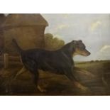 A 19th century oil on canvas of a dog with corn stacks in the background. (20 x 25)inches