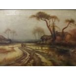 A pair of oil on canvas country scenes, one with stacks (24 x 13.5) inches. One possibly signed EA