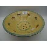 Hand painted studio pottery fish themed draining bowl 23cm diameter