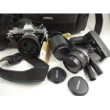 OLYMPUS OM10 MIRANDA LENSES AND WINDER WITH BAG