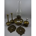6 pieces of brass to include lantern, pair of bud vases, counter bell and 2 light switch surrounds