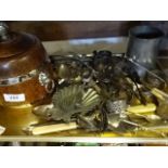 Tray of plated ware to include cutlery, pewter tankard, napkin rings etc plus biscuit barrel