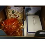 Small box china to include cheese dish, carnival glass and 6 decorative tiles