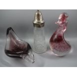 3 pieces of glass to include Murano style duck and dish plus silver plated sugar sifter