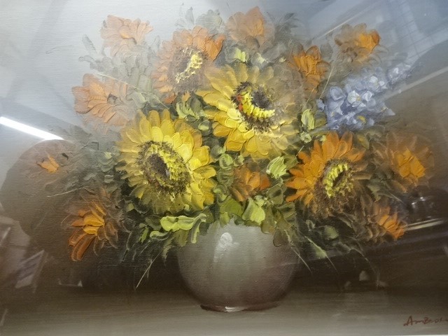 Still life oil on board of flowers, signed (57 x 47)cm
