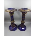 Pair of blue glass candlesticks (28cm tall) with hand painted gilt decoration, both A/F