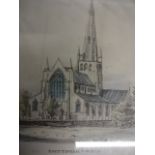 Snettisham church hand coloured print (33 x 36)cm, plus embroided cottage scene (30 x 28)cm
