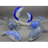 5 glass dolphin and whale paperweights