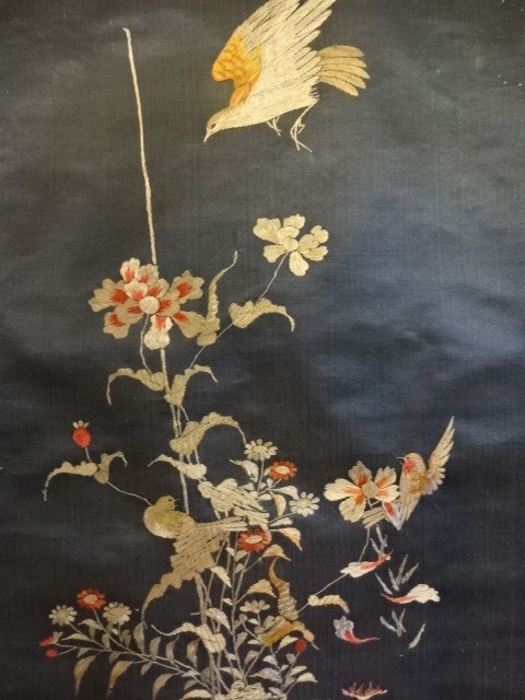 Pair of oriental silk stitching's (55 x 110)cm, plus 2 parasols