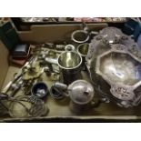 Box of plated ware including dishes, tea pot, cruets, cutlery etc