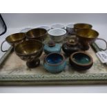 Quantity of decorative brass and ceramic mini bowls / salts with stitch work tray