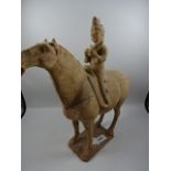 Oriental terracotta horse and rider, 33cm long