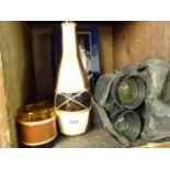 Orange Glass decanter in leather sheath with 3 drinking glasses, VIRE5A. Plus vintage binoculars and