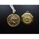 Two 9k gold St. Christopher pendants, 6g total. One has inscription on rear