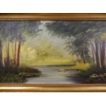 Oil on canvas of river scene, signed, (65 x 36)cm