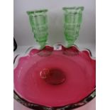 Cranberry glass bowl (29cm diameter) plus pair of green glass vases