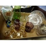 Box of glass to include biscuit barrel, pair of candlestick duo's, 2 paperweights etc
